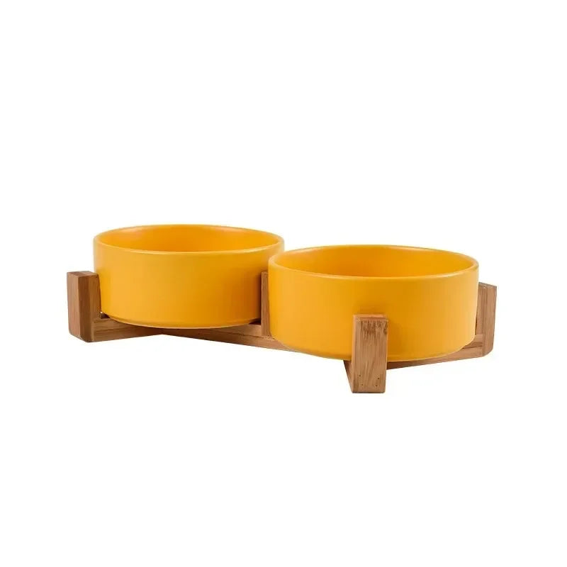 Premium Ceramic Pet Bowl Dish with Wood Stand