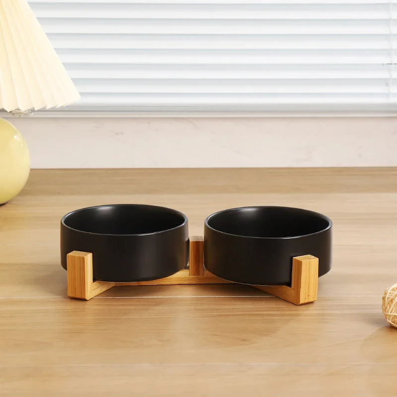 Premium Ceramic Pet Bowl Dish with Wood Stand