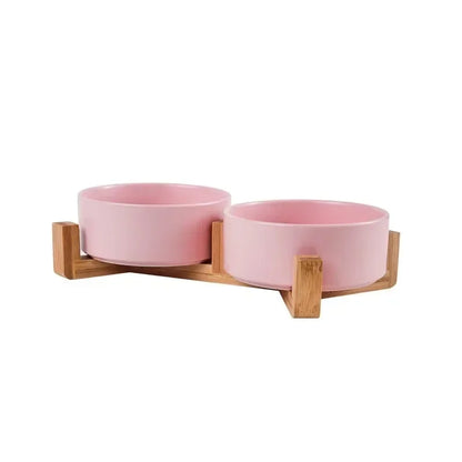 Premium Ceramic Pet Bowl Dish with Wood Stand