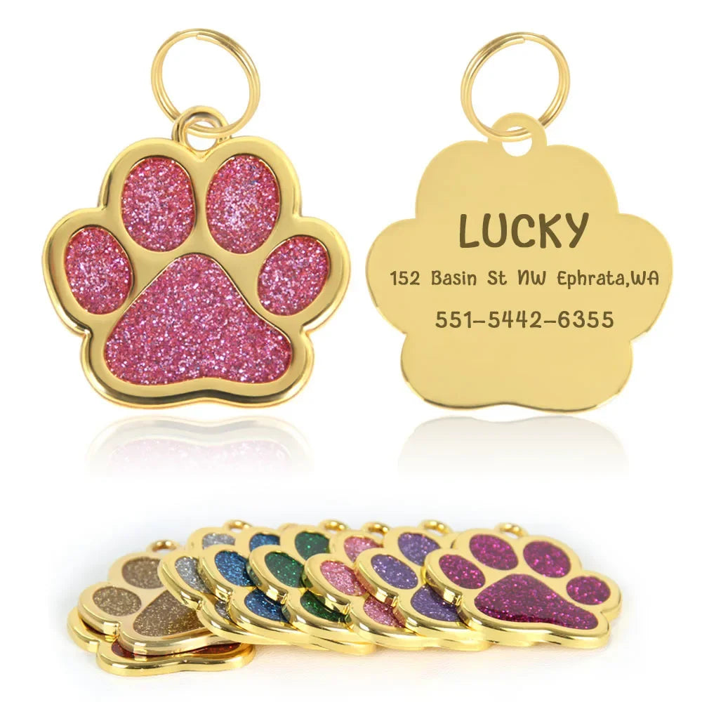Personalized Glitter Paw Custom Engraved Pet Tag