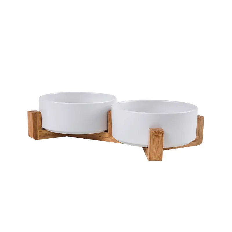 Premium Ceramic Pet Bowl Dish with Wood Stand