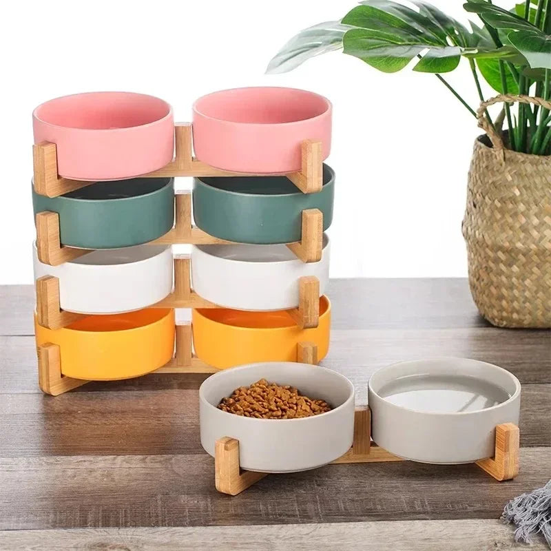 Premium Ceramic Pet Bowl Dish with Wood Stand
