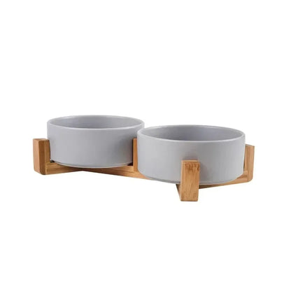 Premium Ceramic Pet Bowl Dish with Wood Stand