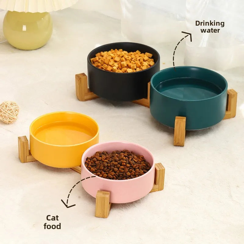Premium Ceramic Pet Bowl Dish with Wood Stand