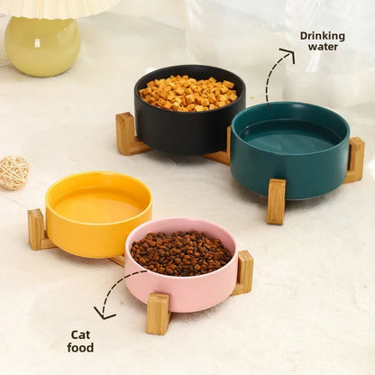 Premium Ceramic Pet Bowl Dish with Wood Stand